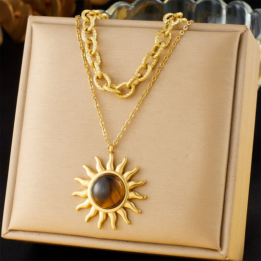 Collier rétro double rang en métal inoxydable avec pendentif soleil en œil de tigre