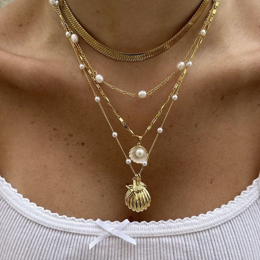 Nouveau collier rétro au style plage, avec étoile de mer, coquillage et perle