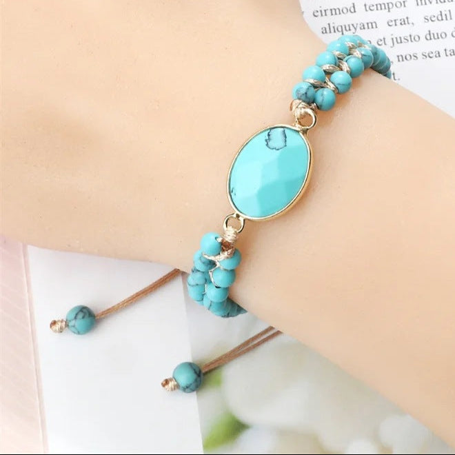 Handwoven irregular bracelet with 4mm natural blue turquoise beads