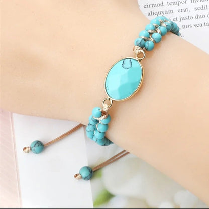 Handwoven irregular bracelet with 4mm natural blue turquoise beads