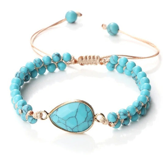 Handwoven irregular bracelet with 4mm natural blue turquoise beads