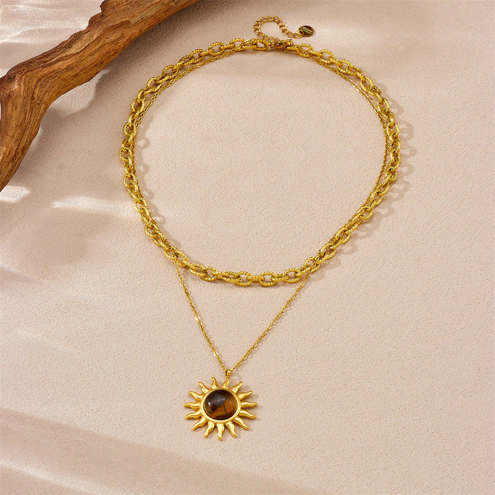 Collier rétro double rang en métal inoxydable avec pendentif soleil en œil de tigre