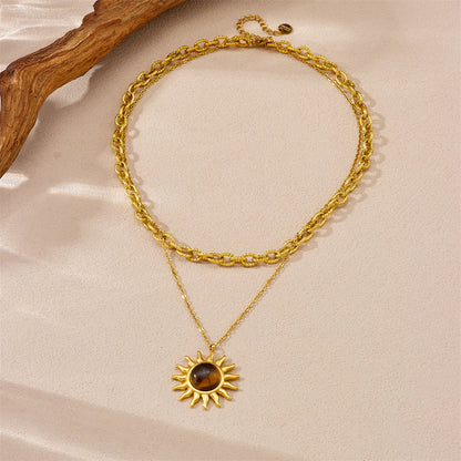 Collier rétro double rang en métal inoxydable avec pendentif soleil en œil de tigre