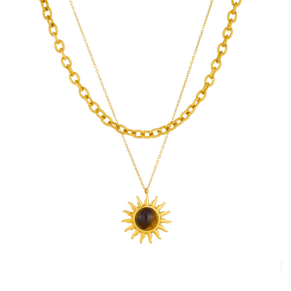 Collier rétro double rang en métal inoxydable avec pendentif soleil en œil de tigre