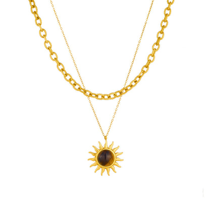 Collier rétro double rang en métal inoxydable avec pendentif soleil en œil de tigre